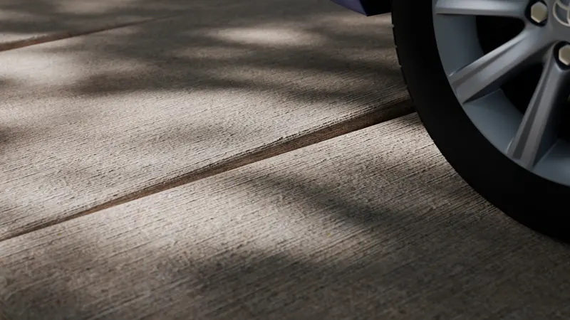 Uneven driveway slab joint car tire, 3D render by Signature Media