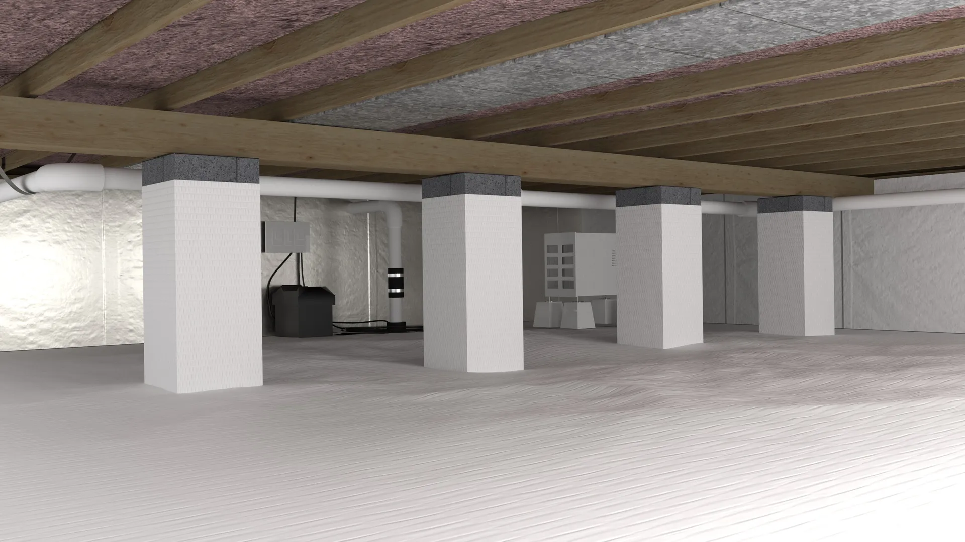 Encapsulated crawl space with white liner, wrapped piers and dehumidifier