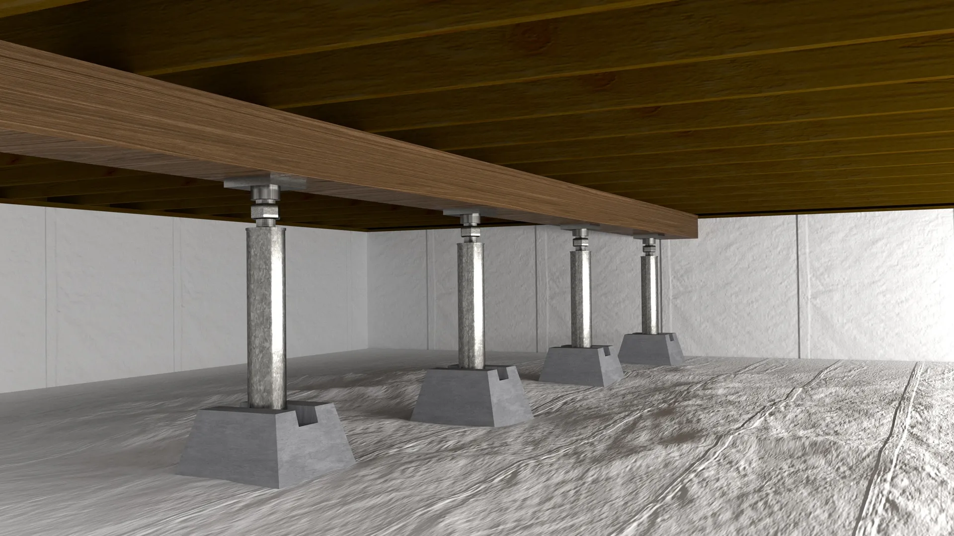 Encapsulated crawl space support jacks, 3D render by Signature Media