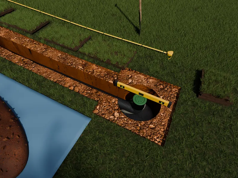 Downspout extensions emitter pit exterior drainage, 3D render by Signature Media