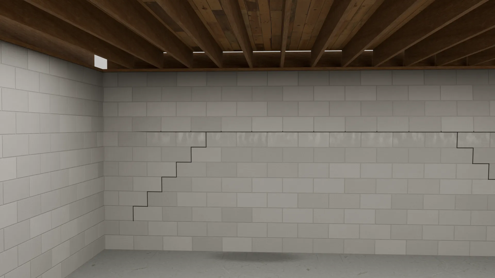 Horizontal crack stair step foundation wall, 3D render by Signature Media