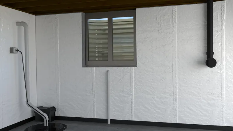 Basement window downspout drain interior, 3D render by Signature Media