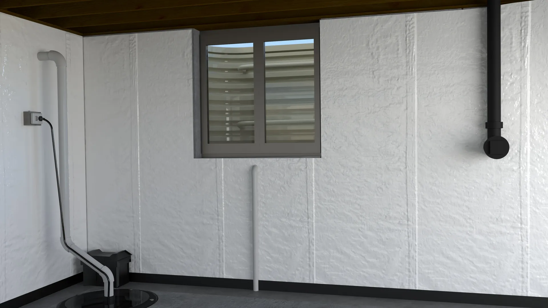 Basement window downspout drain interior, 3D render by Signature Media