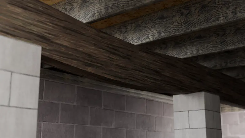 Sagging support beam crawl space, 3D render by Signature Media