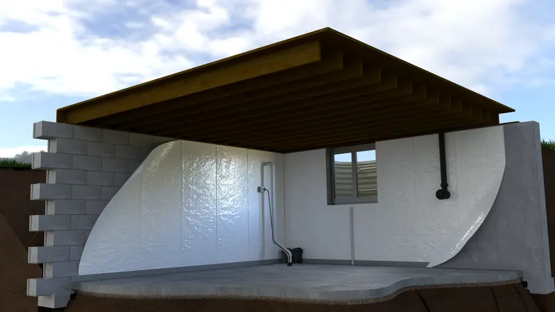 Finished basement vapor barrier, cutaway, 3D render by Signature Media