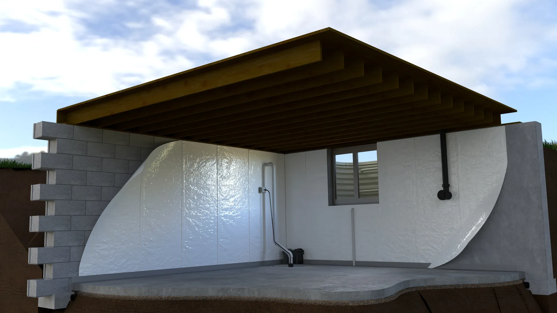 Finished basement vapor barrier, cutaway, 3D render by Signature Media
