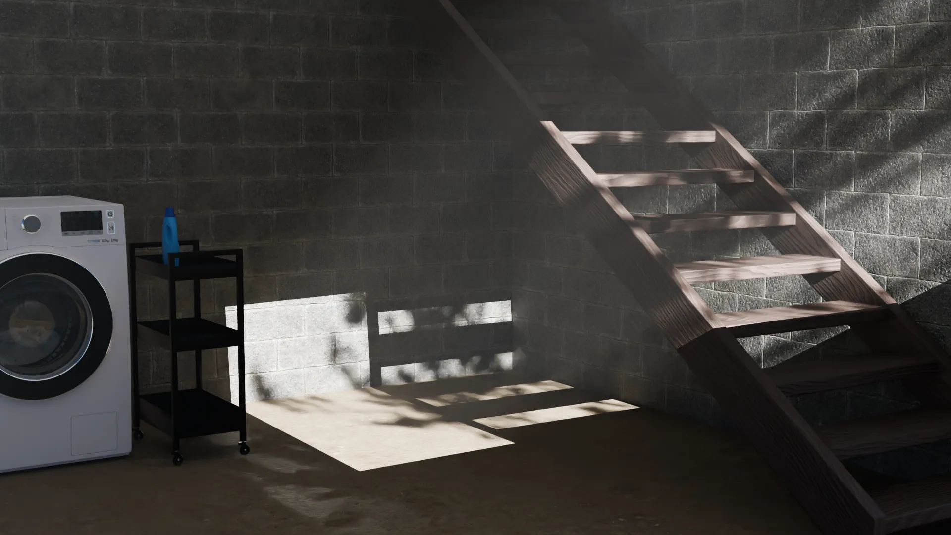 Basement laundry area dry sunlit, 3D render by Signature Media