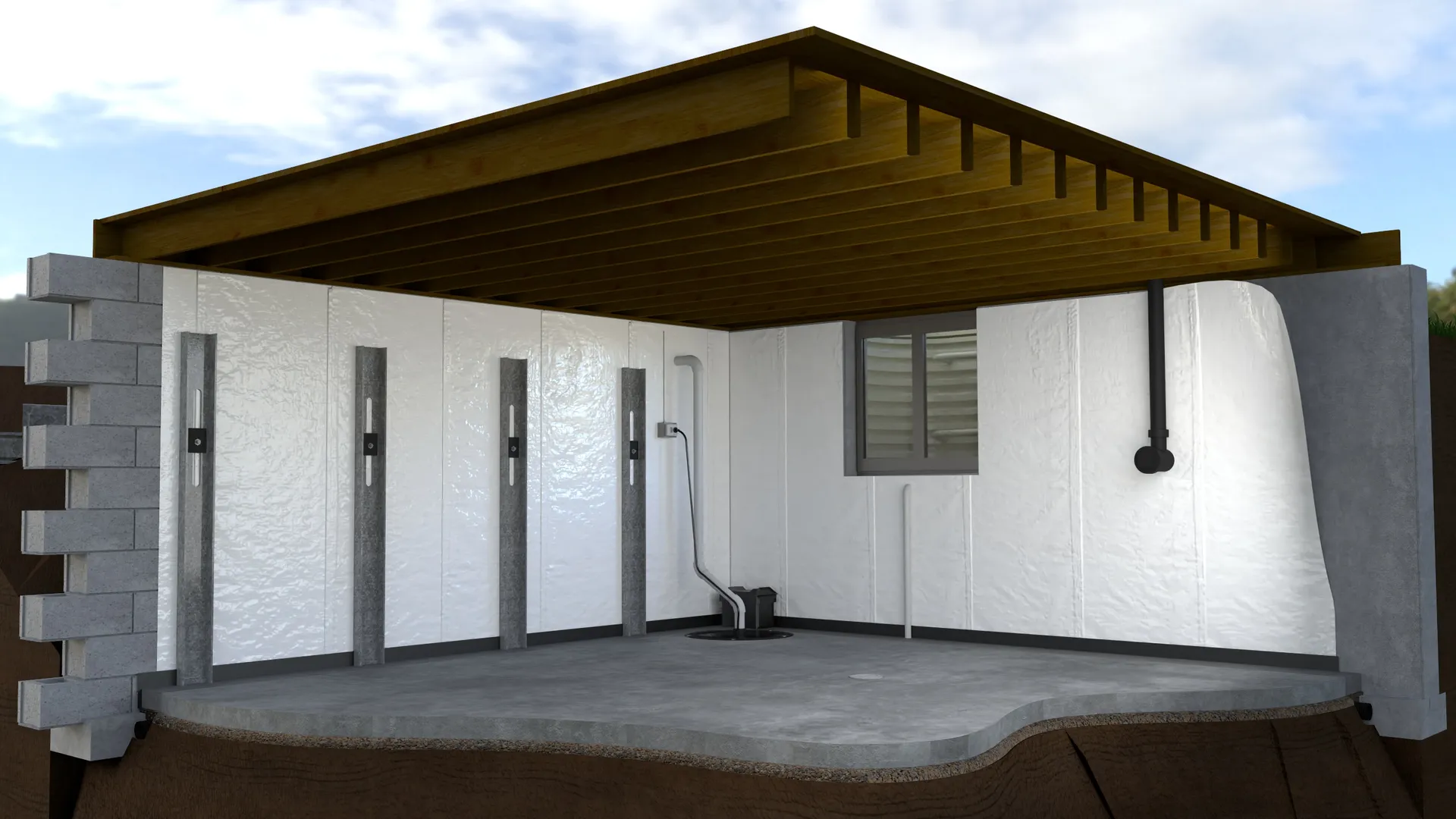 C channel wall anchors basement cutaway, wide, 3D render by Signature Media