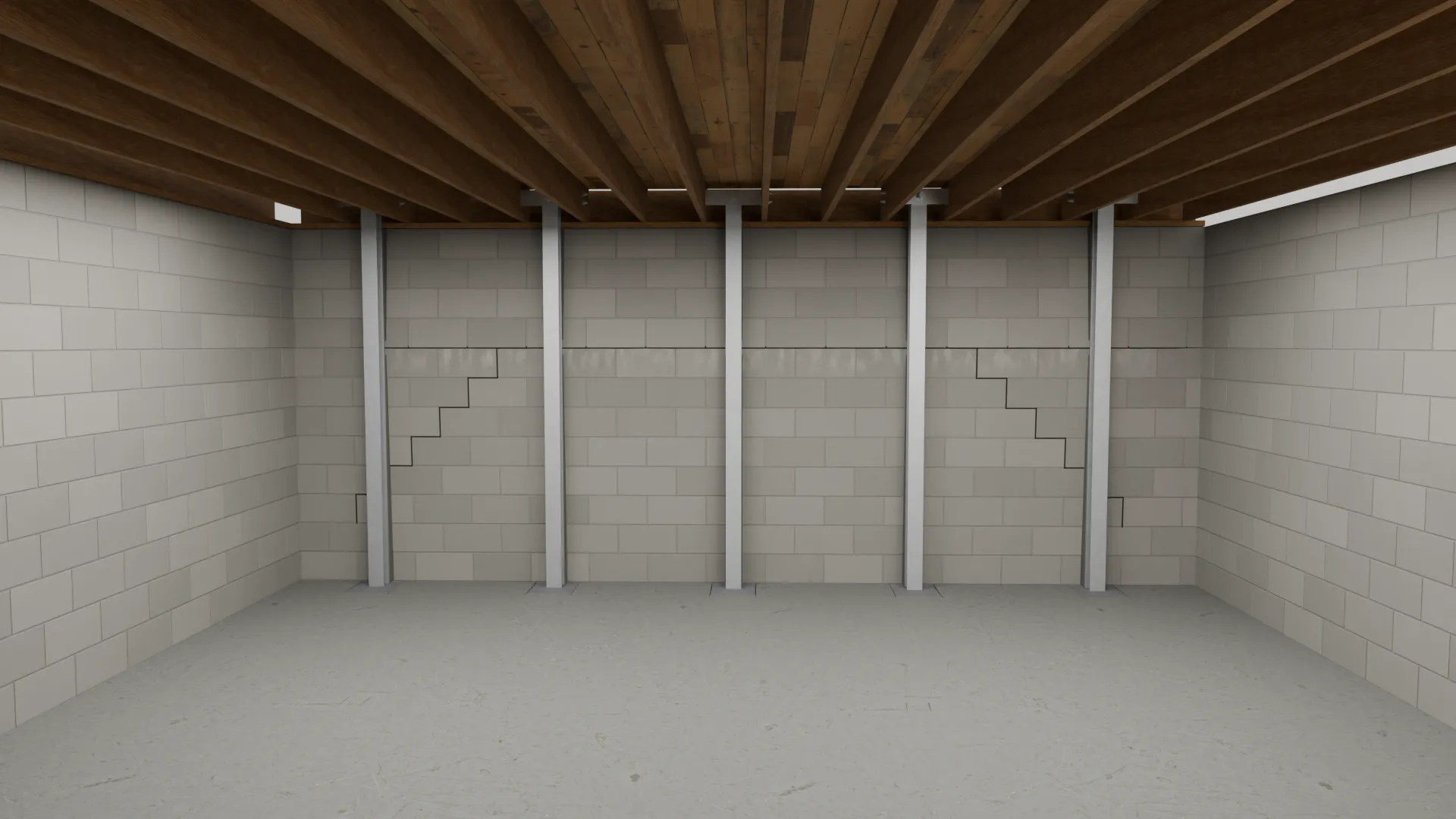Bowing wall repair steel bracing stair step crack, 3D render by Signature Media