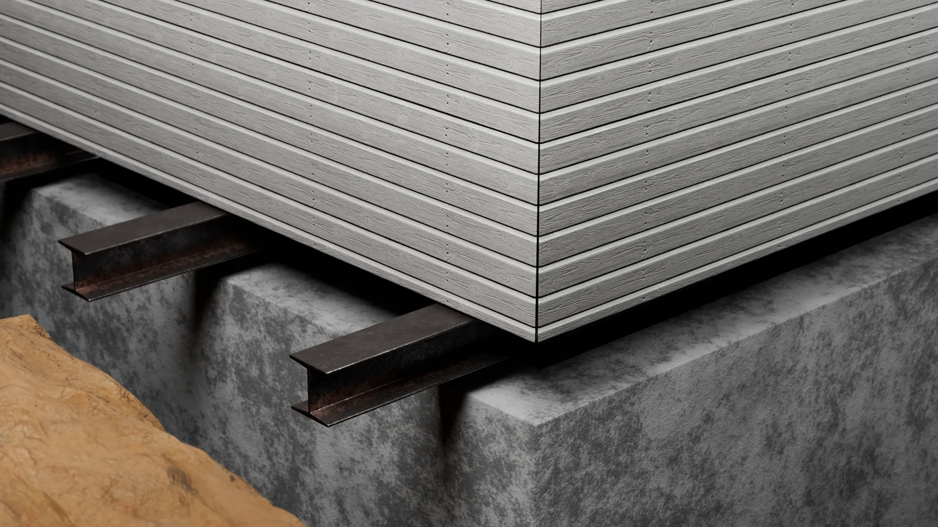 House corner steel beam foundation support, 3D render by Signature Media