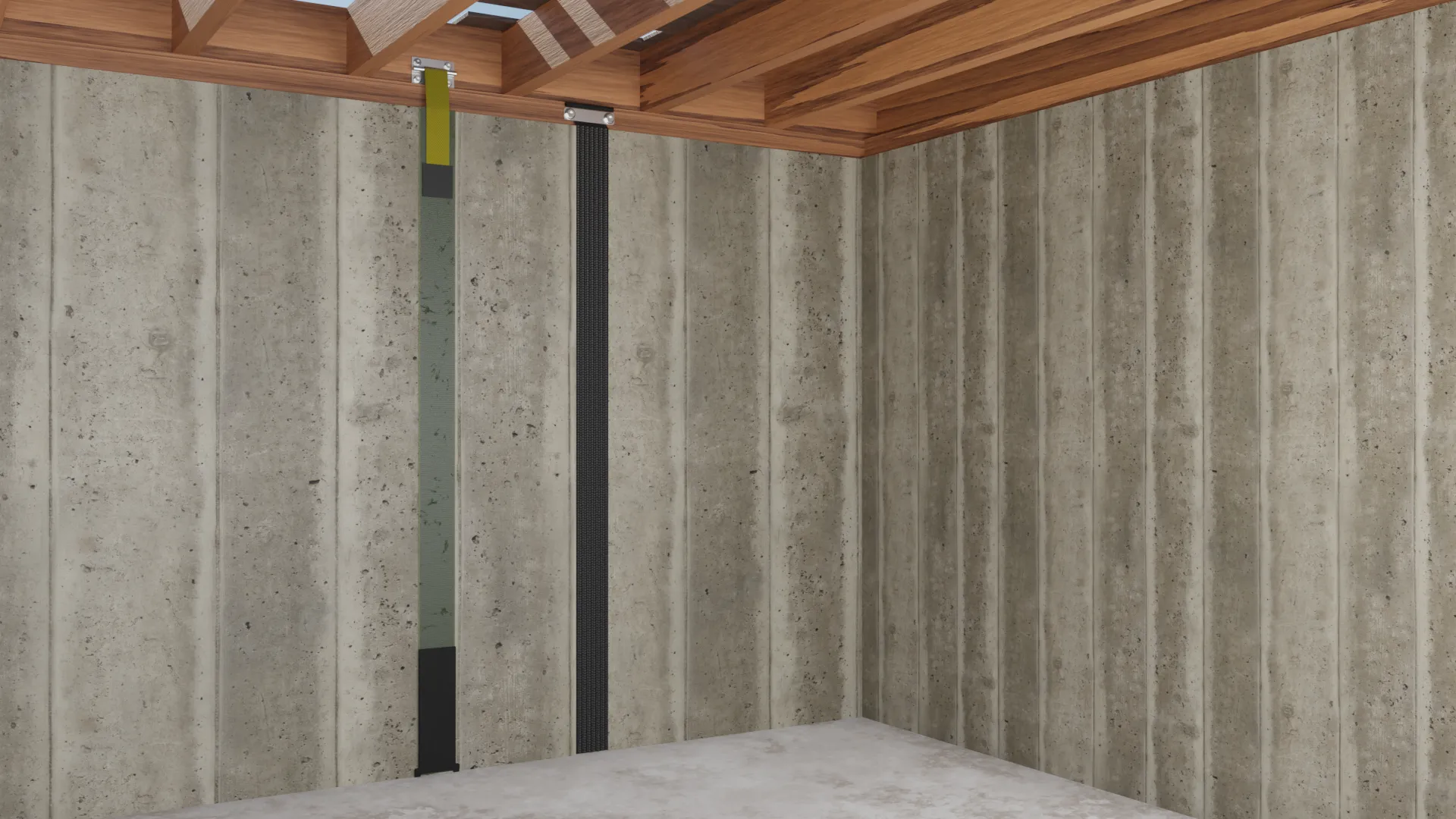 Carbon fiber straps poured wall basement corner, 3D render by Signature Media