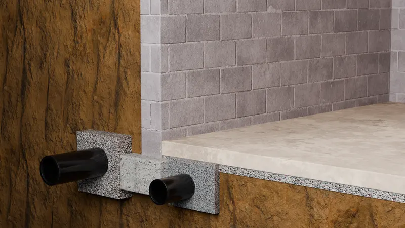 Interior drain tile pipe footing, cutaway, 3D render by Signature Media