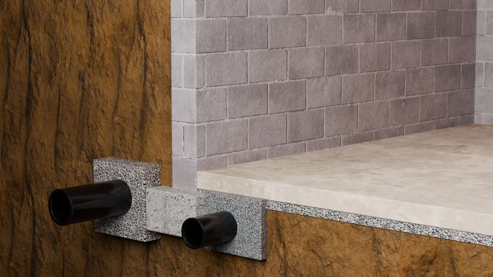 Interior drain tile pipe footing, cutaway, 3D render by Signature Media
