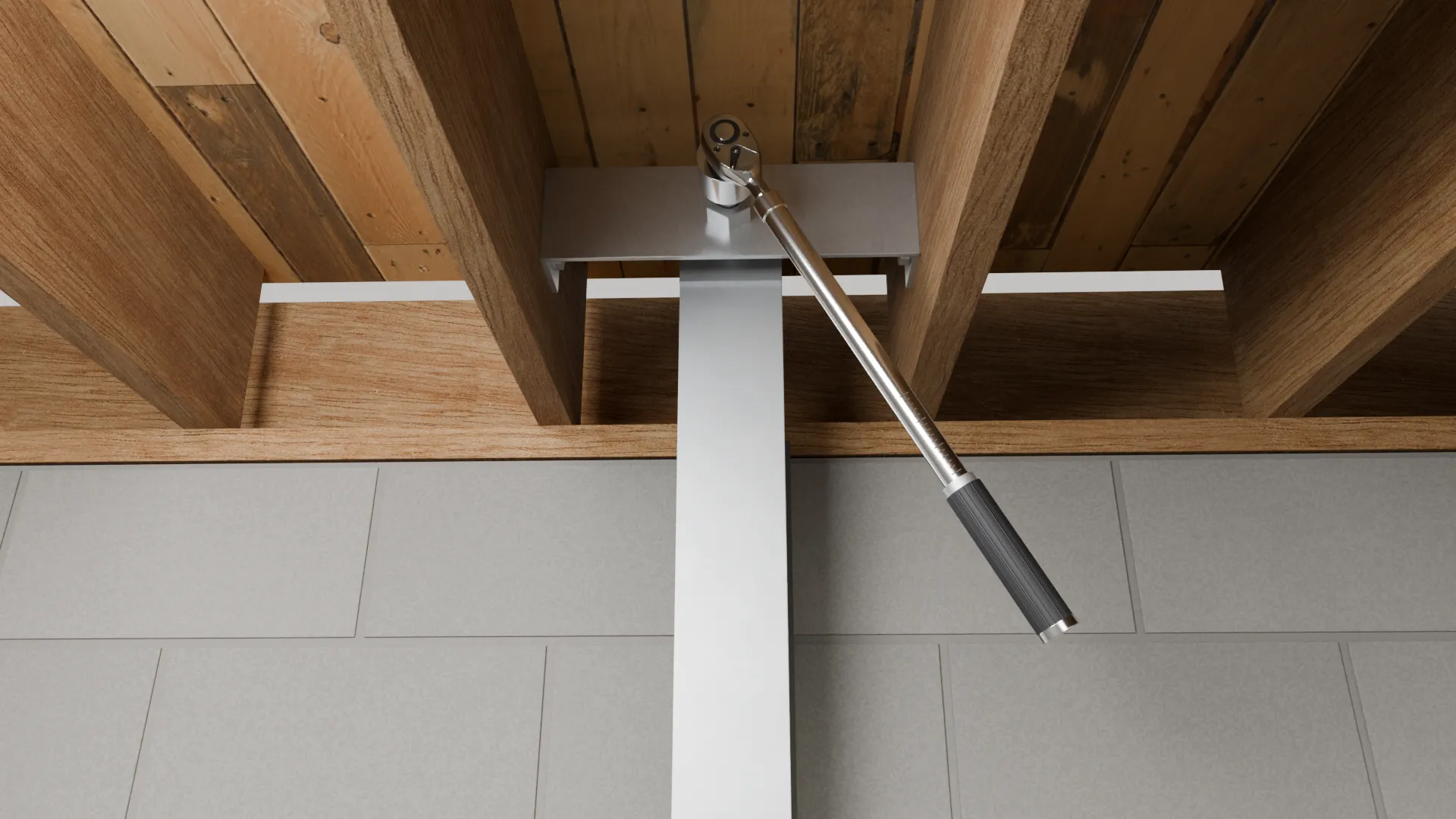 Basement structural repair torque wrench floor joists, 3D render by Signature Media