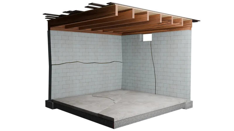 Basement wall and floor cracks, cutaway, 3D render by Signature Media