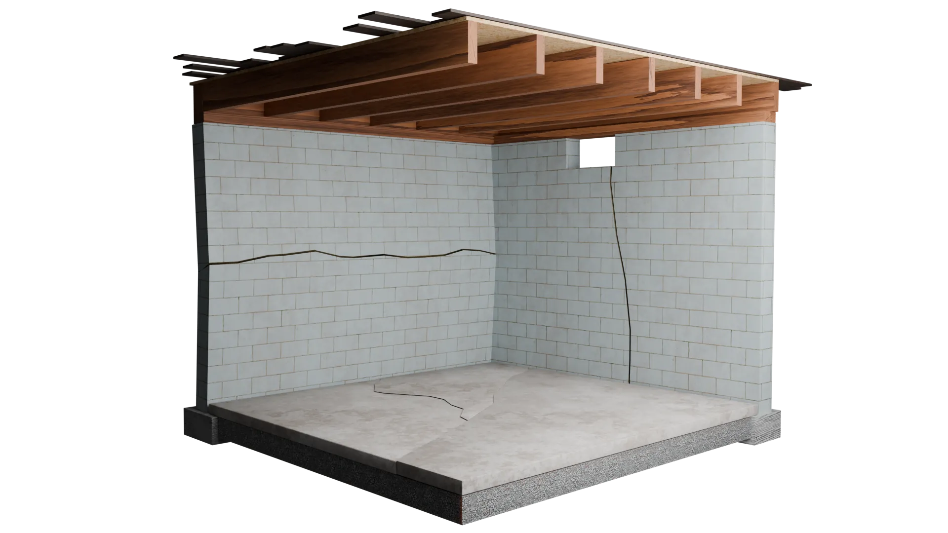 Basement wall and floor cracks, cutaway, 3D render by Signature Media