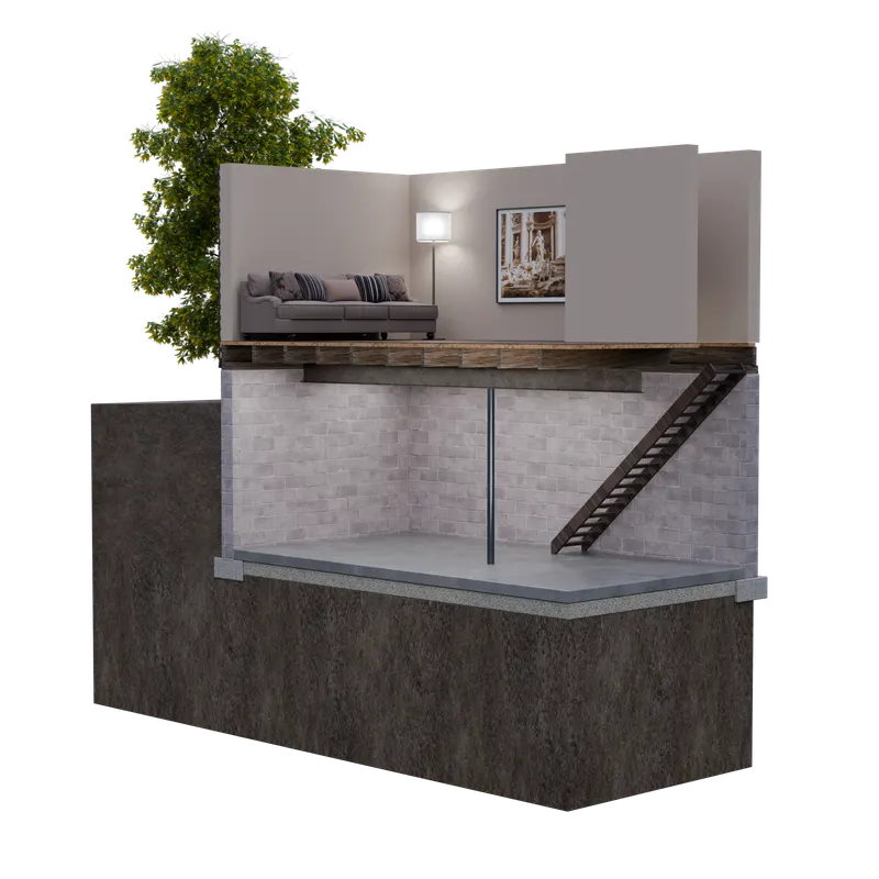 Cutaway dry empty basement under living room, 3D render by Signature Media
