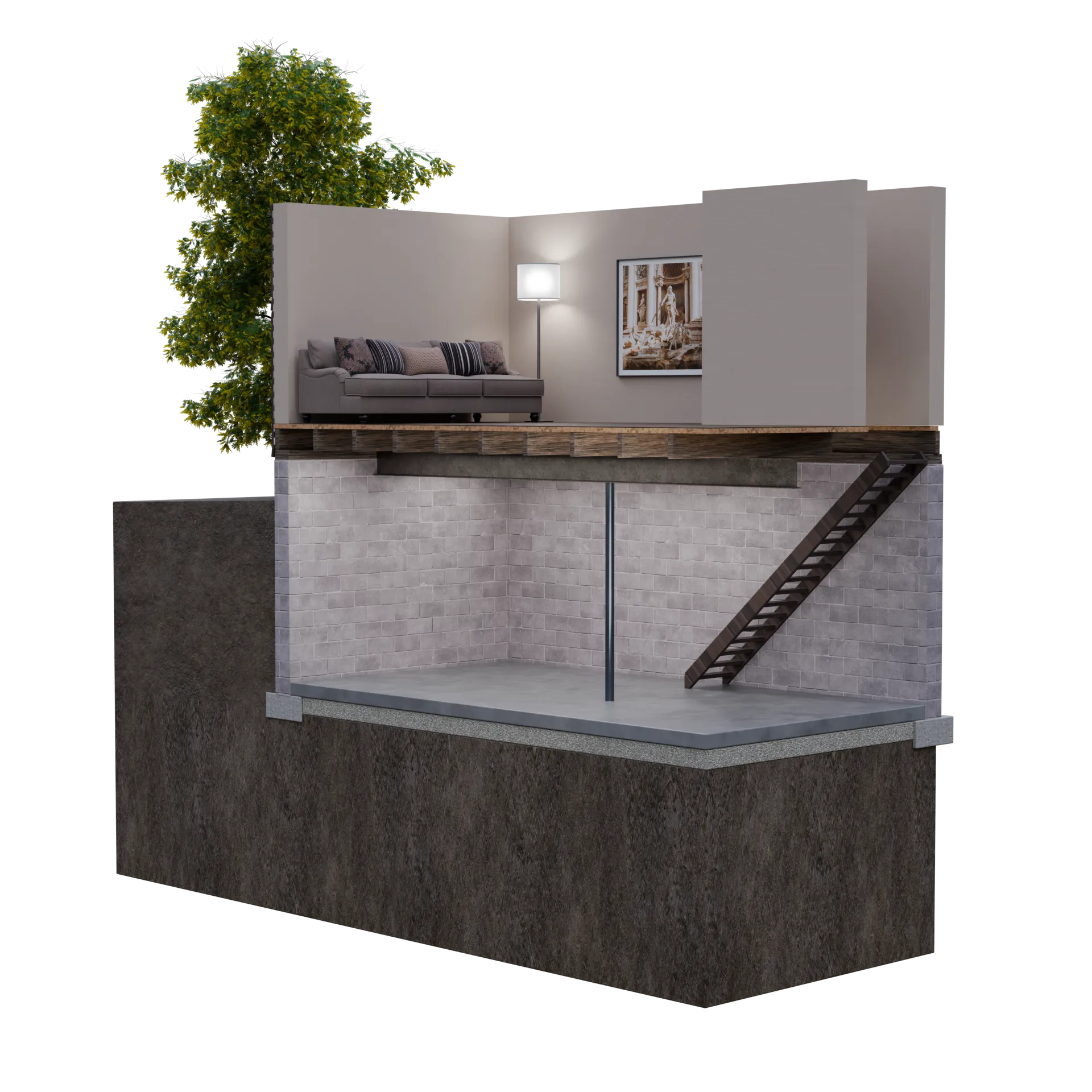 Cutaway dry empty basement under living room, 3D render by Signature Media