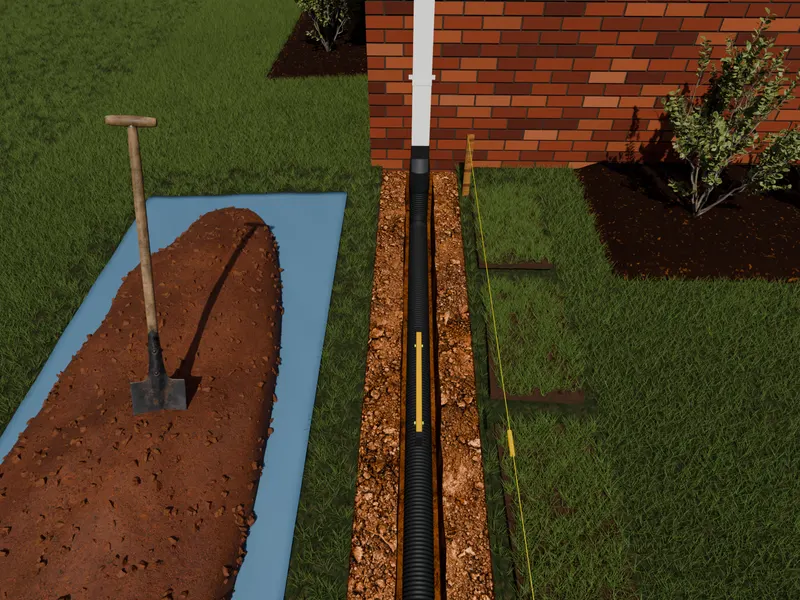 Exterior drainage system downspout extension pipe, 3D render by Signature Media