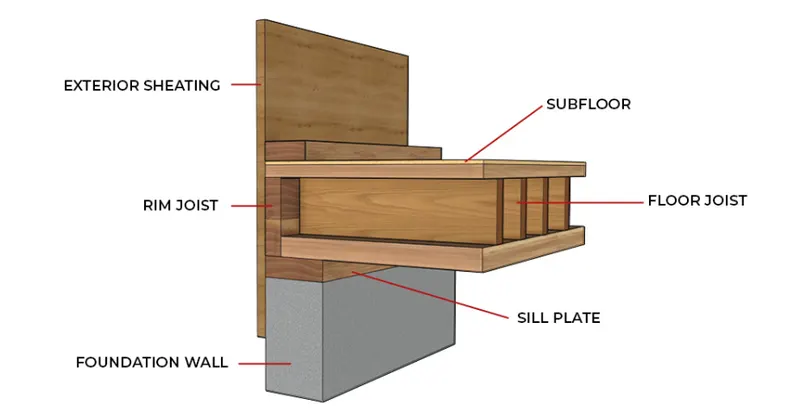Sill plate rim joist labeled diagram, 3D render by Signature Media