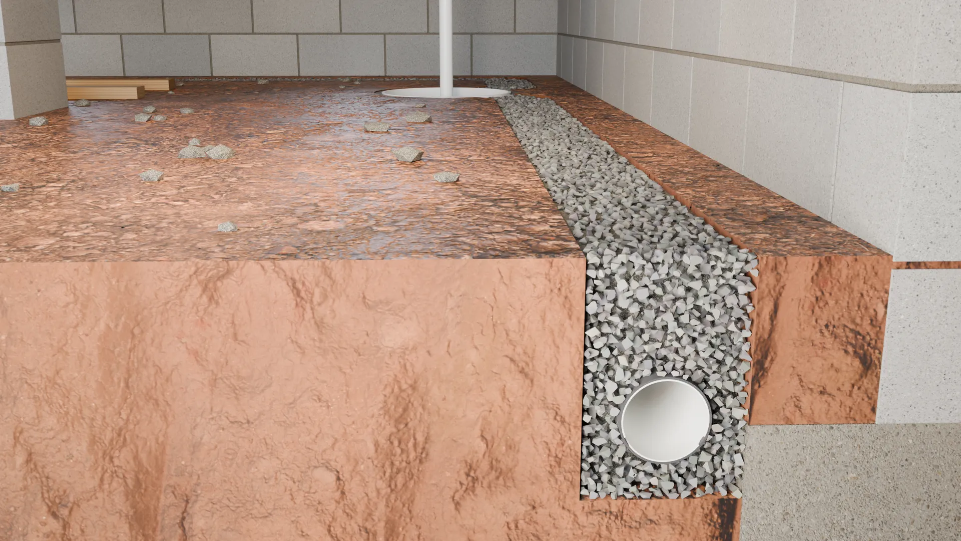 Interior drainage system drain tile sump basin, 3D render by Signature Media