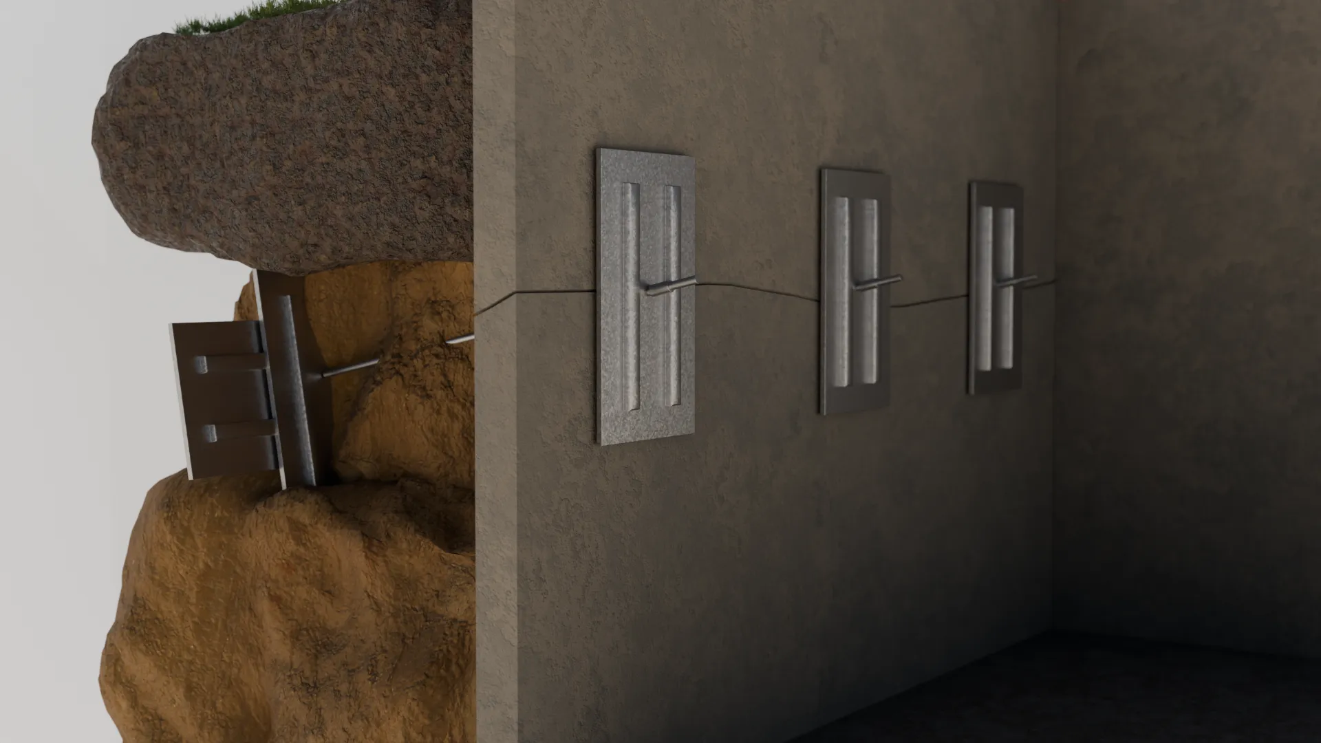 Retaining wall anchor plate cross section, 3D render by Signature Media