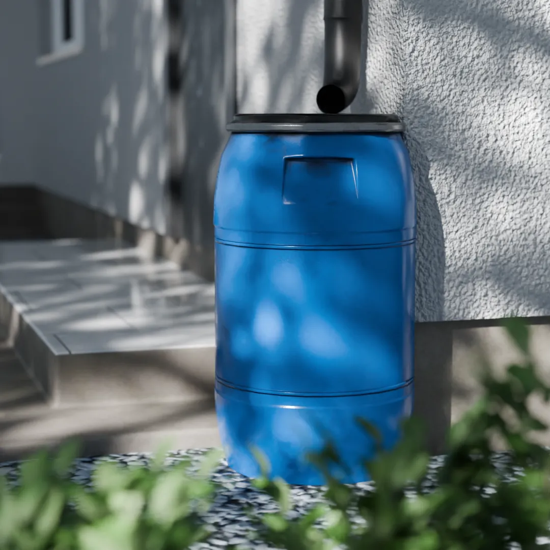 Rain barrel downspout house foundation, 3D render by Signature Media