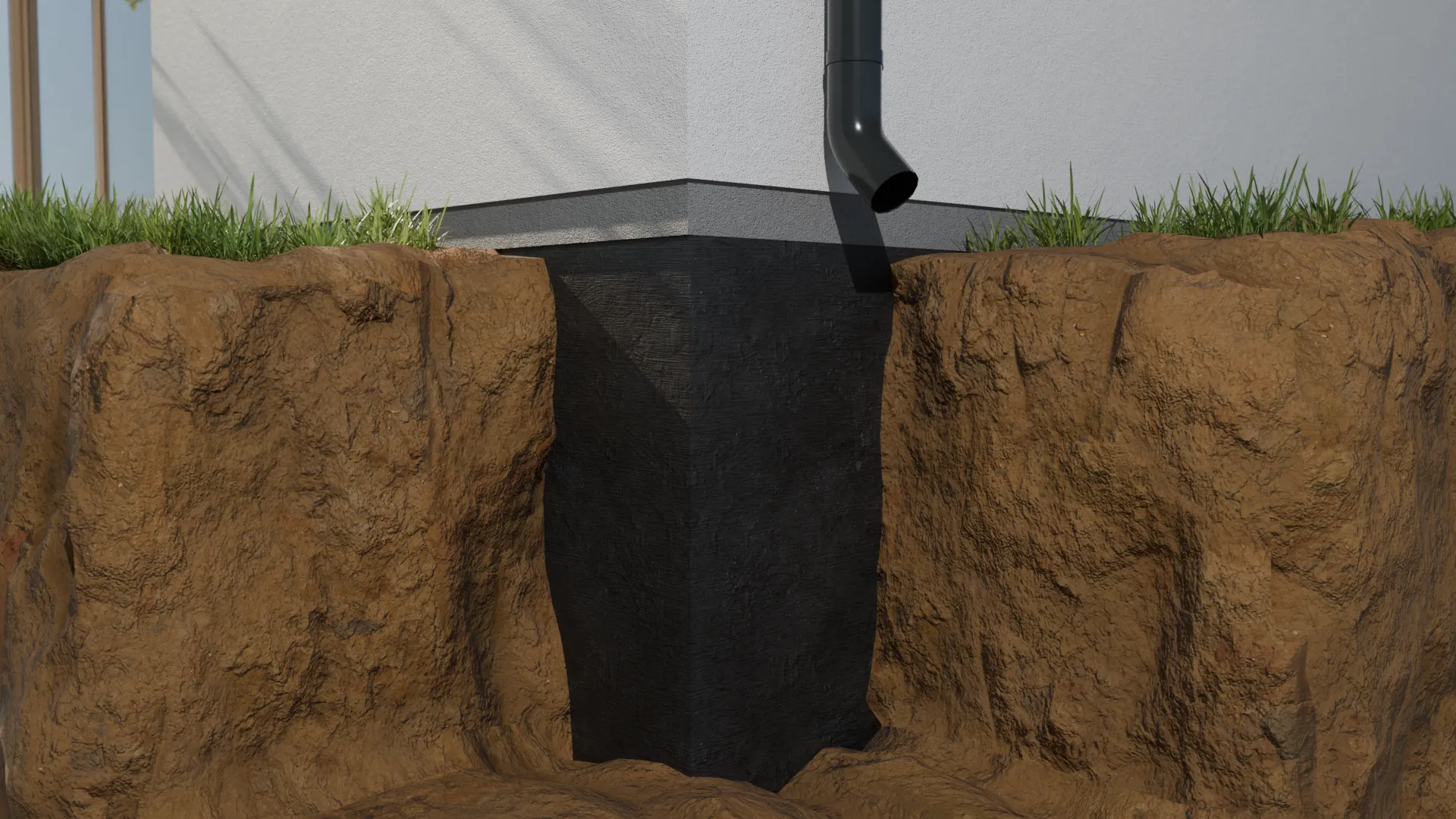 Exterior foundation waterproofing membrane corner, 3D render by Signature Media