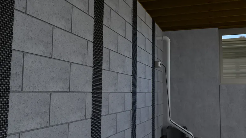 Carbon fiber wall straps block basement angle, 3D render by Signature Media