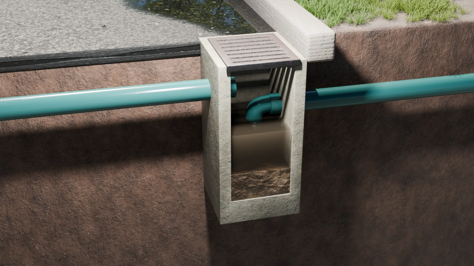 Drainage catch basin installed, 3D render by Signature Media
