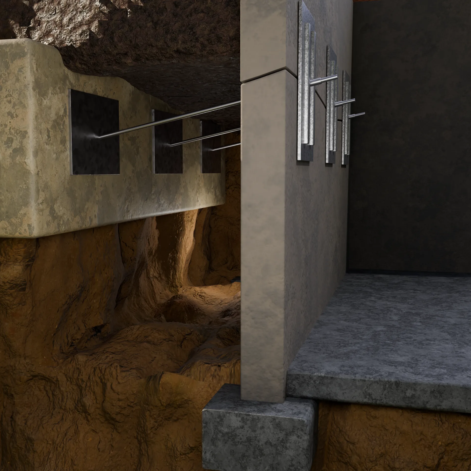 Wall anchor system basement cross section, 3D render by Signature Media