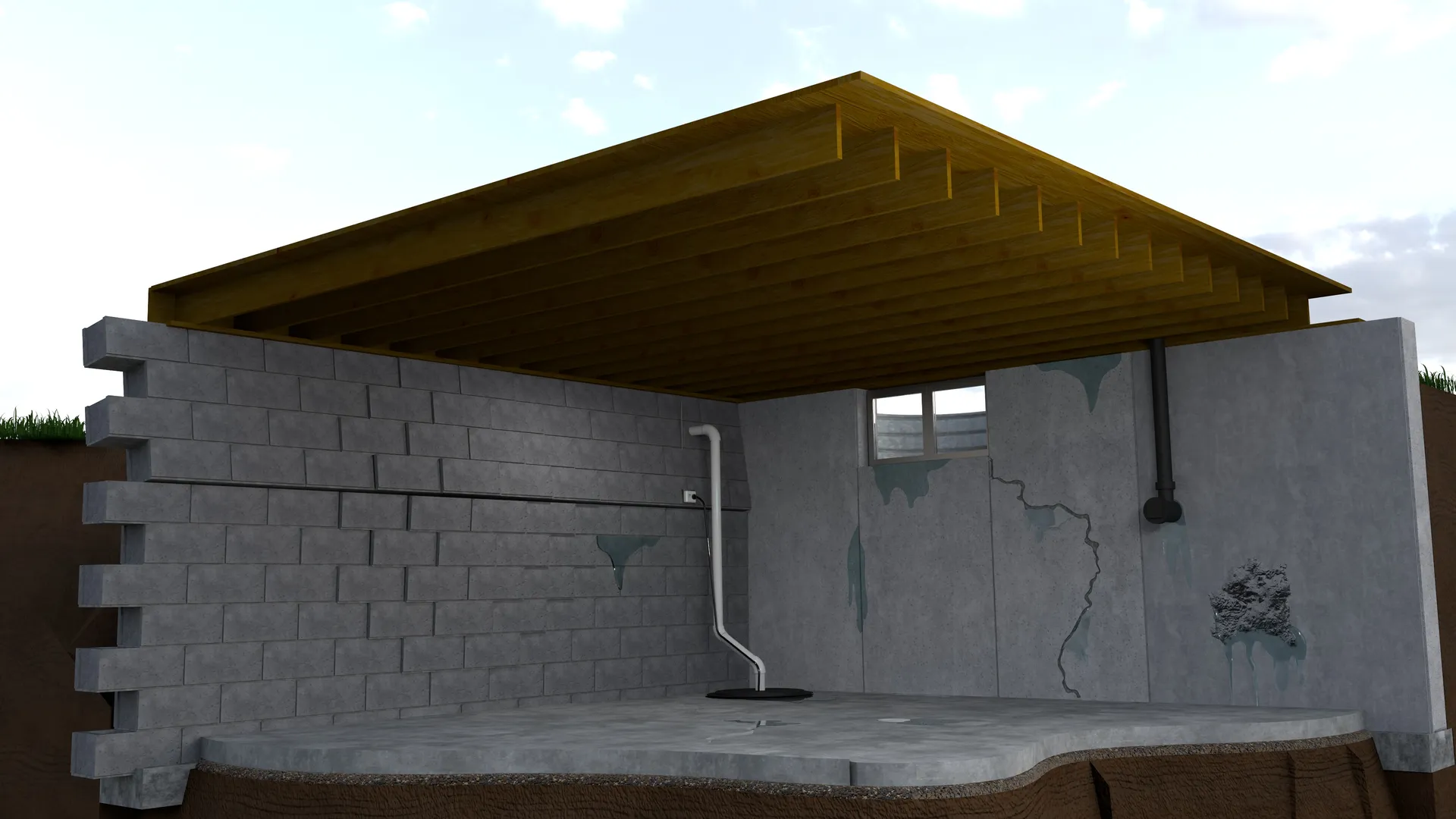Cutaway of a block basement with seepage, efflorescence and a cracked poured wall
