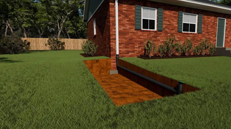 Downspout extension pop up emitter exterior drainage, 3D render by Signature Media