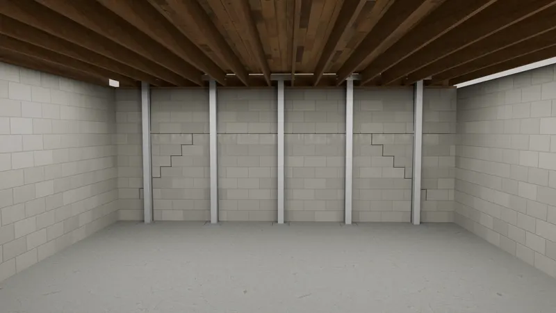 I-beam wall bracing for a bowing basement wall, 3D animation by Signature Media