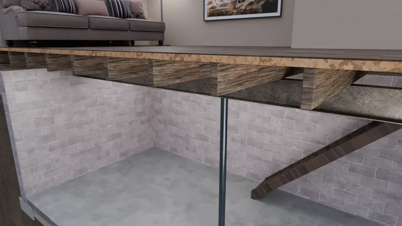 Crawl space floor joist support, 3D render by Signature Media